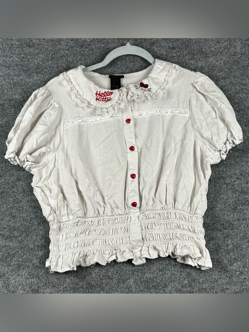 Hello Kitty Sanrio Lace Collar Smocked Crop Top Y2K Coquette Puff Sleeve XL